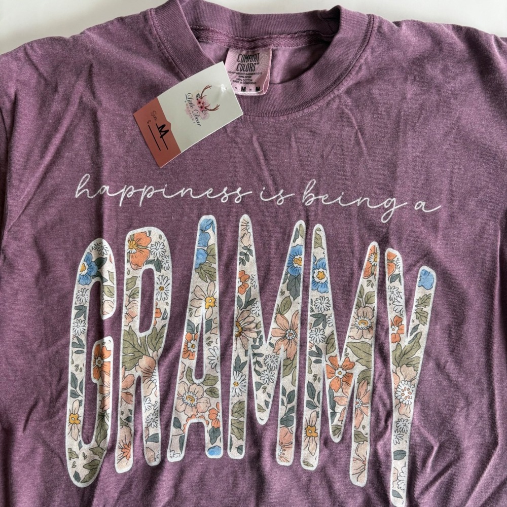 Happiness is being a Grammy Med Graphic Tee Purple Comfort Colors Floral Printed